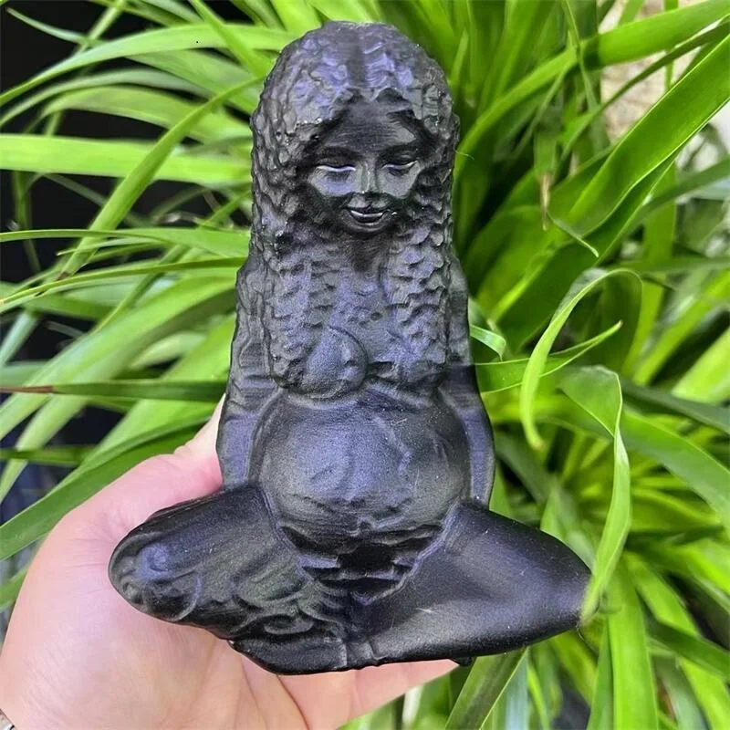 

Natural Black Obsidian Gaia Goddess Carving Crystal Reiki Healing Figurine Trinket Craft Gift Home Decoration 1pcs