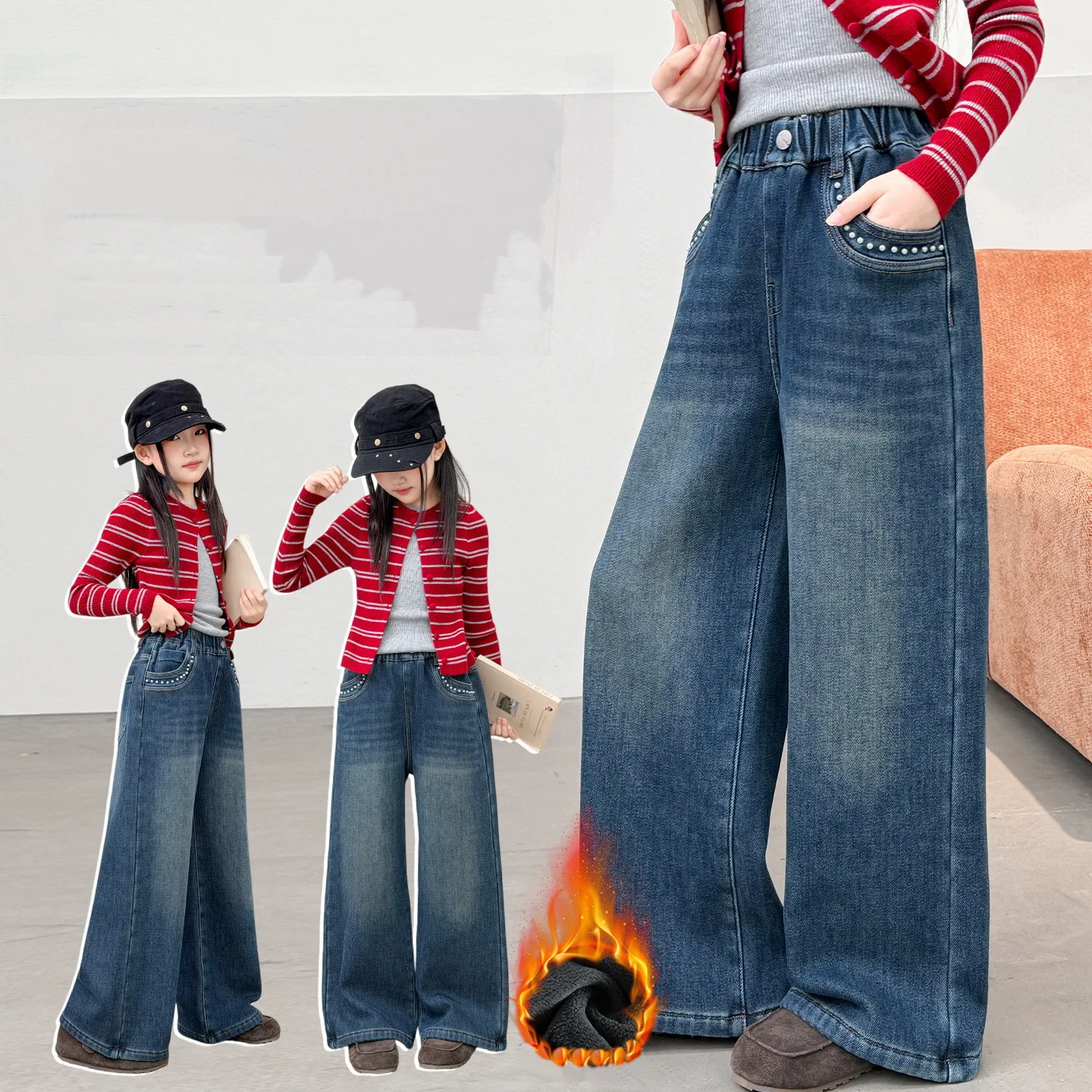 Teenage Girls Winter Warm Jeans for Children Loose Straight Trousers with Fleece Lined Kids Thermal Denim Pants with Pocket Pear