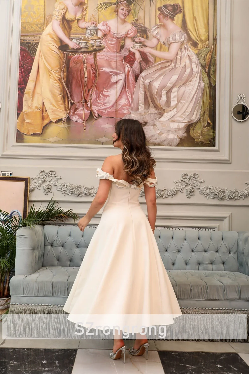 Dames off-shoulder satijn Sweety A-lijn theelengte rugloze bruidsfeestjurk gedrapeerde avondjurk met strik op maat gemaakt