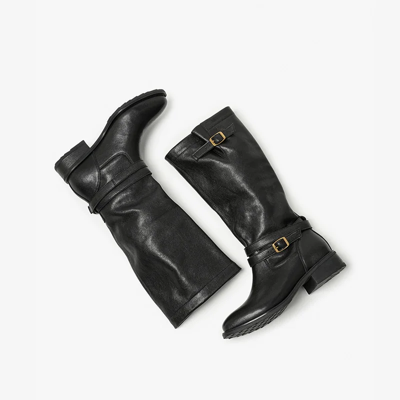 BEAUTODAY Long Boots Women Sheepskin Leather Round Toe Double Buckle Strap Vintage Knight Boots Ladies Shoes Handmade 01707 view 4