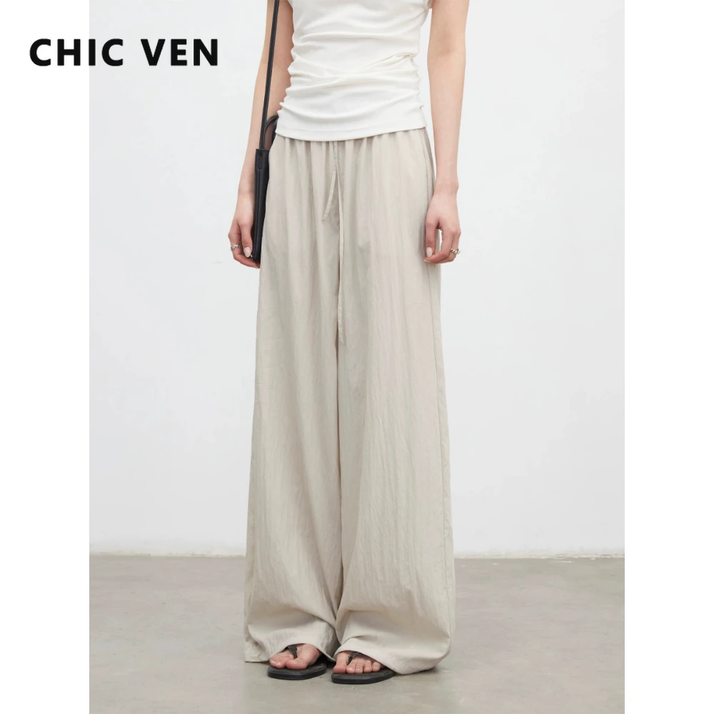 CHIC VEN Nuevos Pantalones de Mujer, Pantalón Ancho Informal Holgado de Color Liso, Pantalones Finos con Cintura Elástica para Mujer, Plisados, Primavera Verano 2026