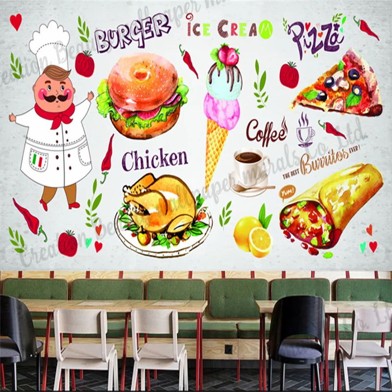 

Hand Painted Hamburger Chicken Pizza Wallpaper Industrial Decor Mural Fast Food Restaurant Snack Bar Background Wall Papel Tapiz