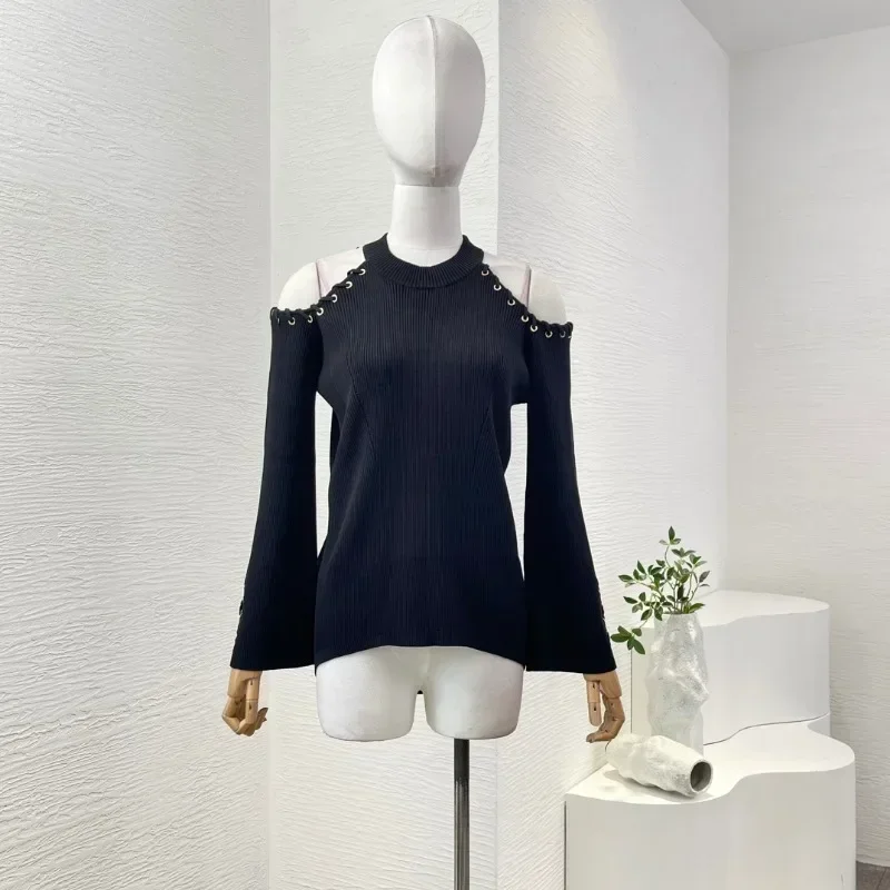 

2024 Autumn Winter New Design Black/White Cut Out Long Flare Sleeve Women Casual All-matching Knit Blouse Tops