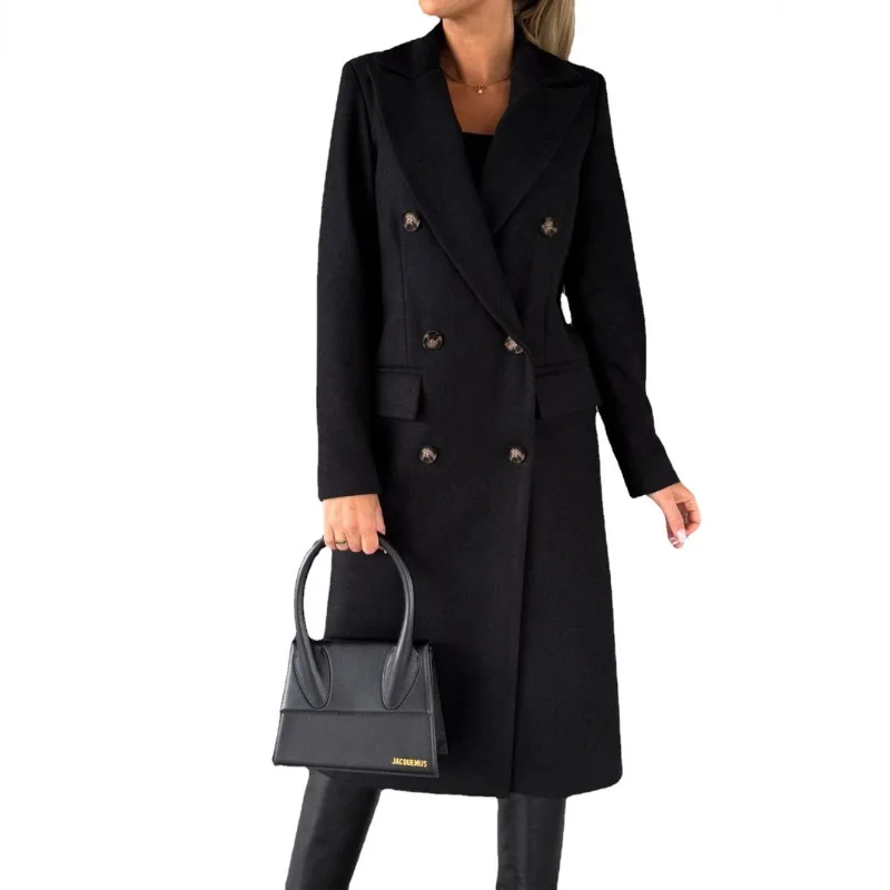 2025 Autumn and Winter New Women's Coats Long-sleeved Collared Solid Colour Double-breasted Slim-fit Sweater Women's Clothing