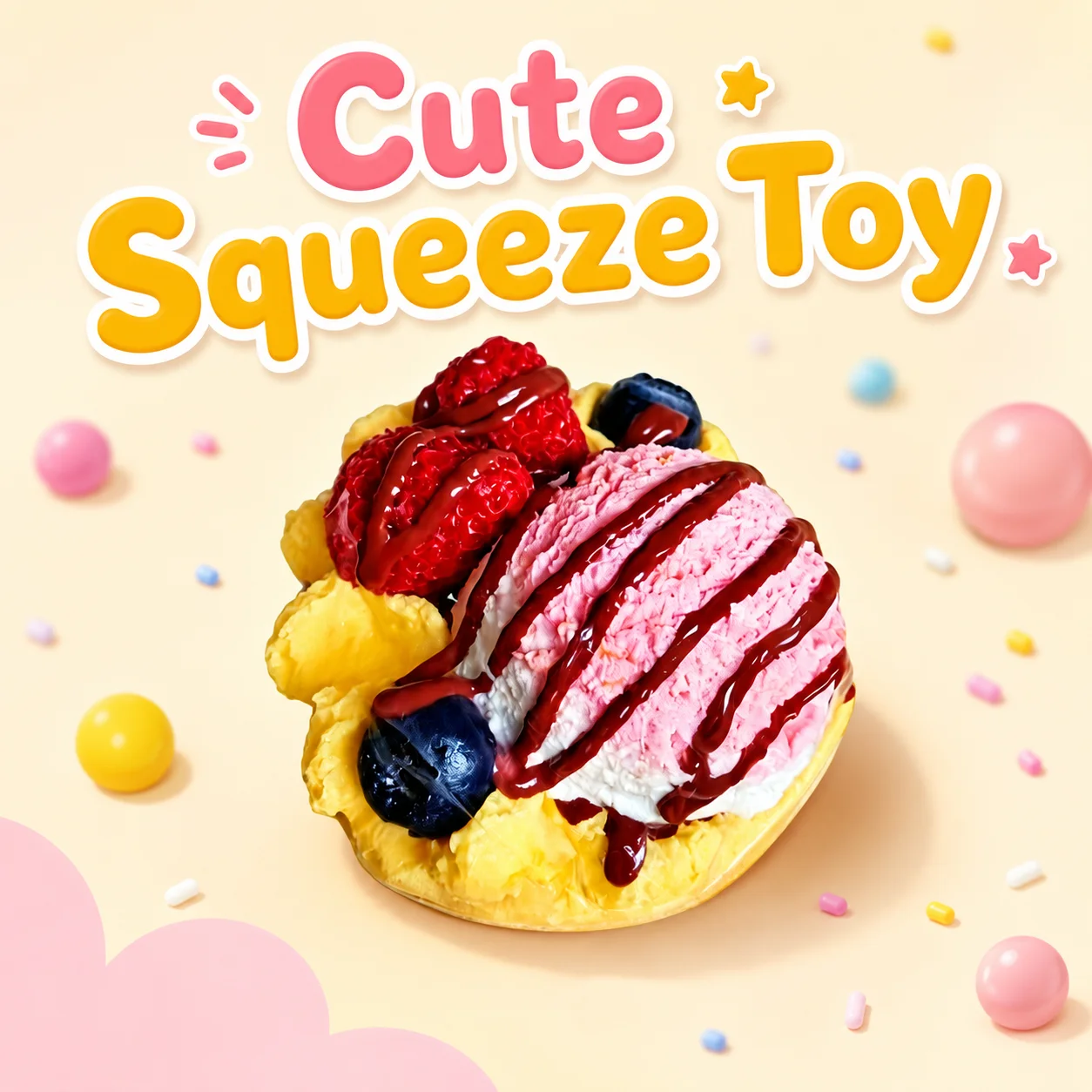 Pink Ice Cream Waffle Squishy Toy Food Safe Realistic Fruit Topping Squeeze Gadget Slow Rebound Stress Relief Mini Bakery Toy