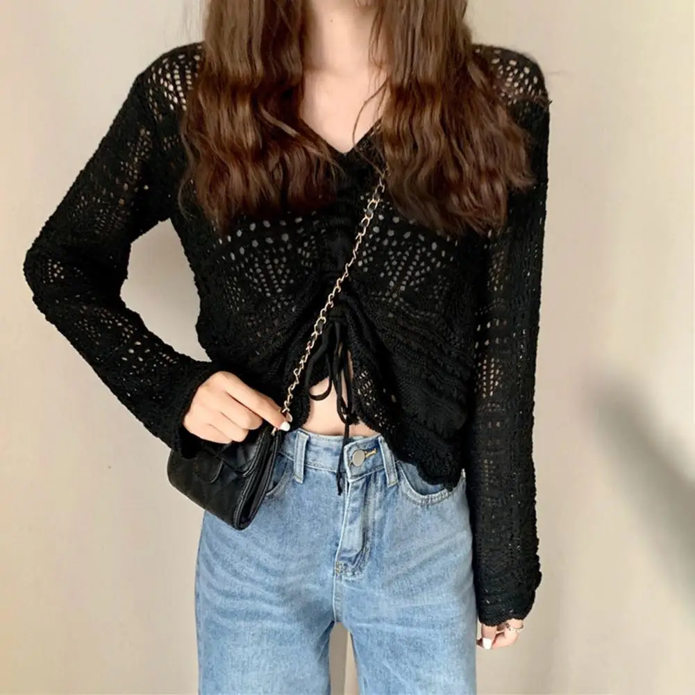 Вязаный крючком топ, полая рубашка на шнурке, укороченный топ с длинными рукавами и v-образным вырезом, летний однотонный милый пуловер, элегантная женская одежда