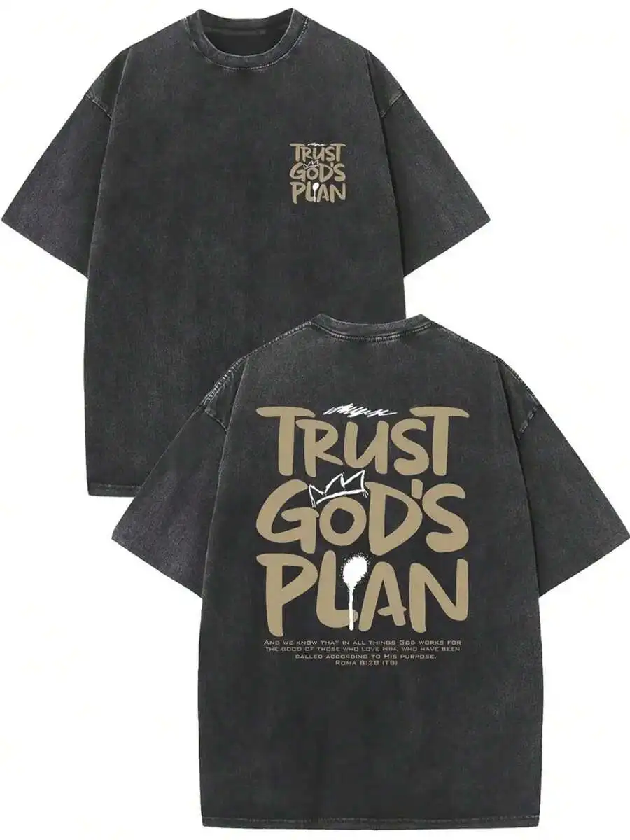 1 Piece, 230G Double-Sided Water Wash, Believe In God's Plan1 Piece, Washed Printed T-Shirt 230g, High-Quality Batik Cotton Retro Fashion Brand T-Shirt, A Certain Thickness Suitable For Summer T-Shirts, Holiday Gifts.