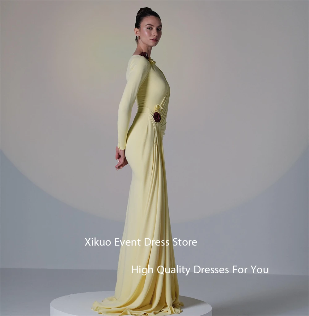 Xikuo gracioso amarelo vestidos de baile sereia o pescoço vestidos para eventos mangas compridas 3d flores festa vestidos de noite personalizado