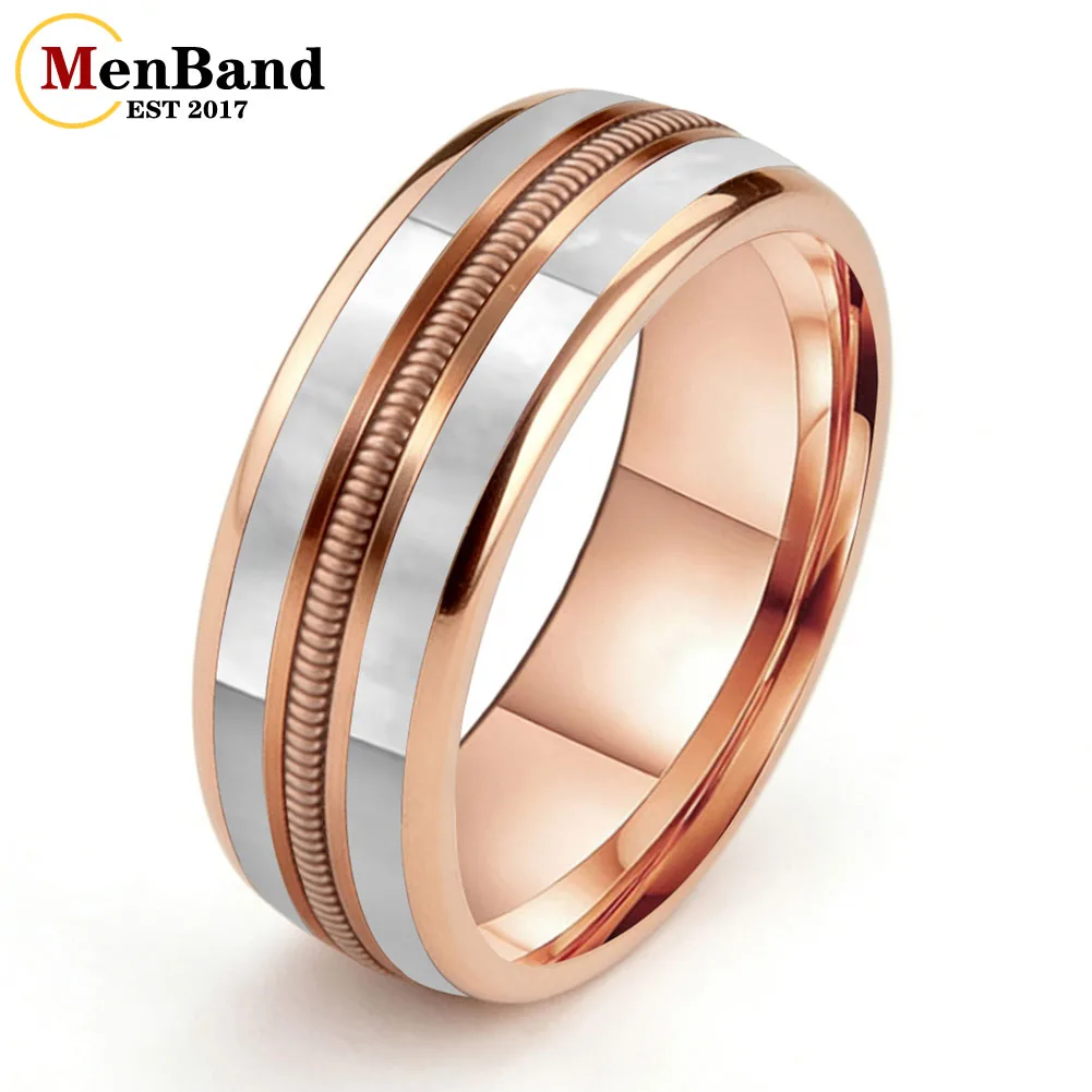 MenBand 8MM White Mother Of Pearl Shell and Rose Gold Guitar String Inlaid Dome Polished Gold Tungsten Ring for Men And Women