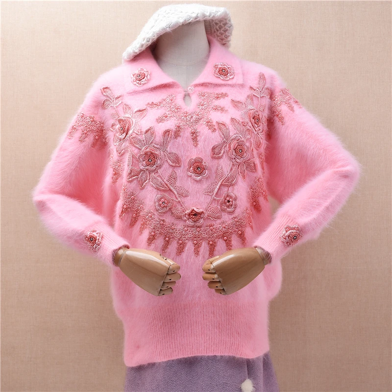 Ladies Women Autumn Winter Clothing Pink Vintage Embroidery Beading Hairy Angora Rabbit Hair Knitted Turn-Down Neck Sweater Pull