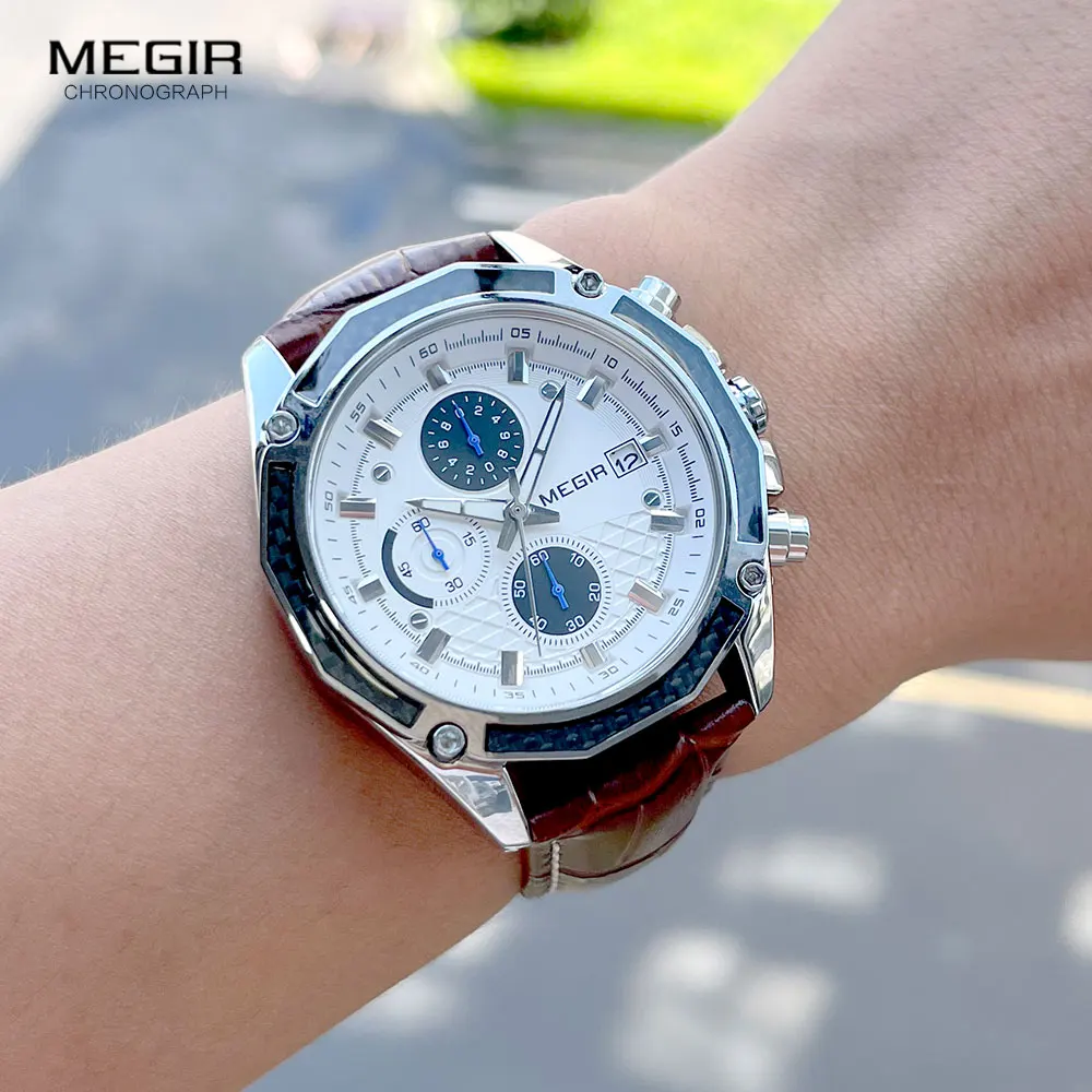 MEGIR quartz male watches Genuine Leather watches racing men Students game Run Chronograph Watch male glow hands for Man 2015G