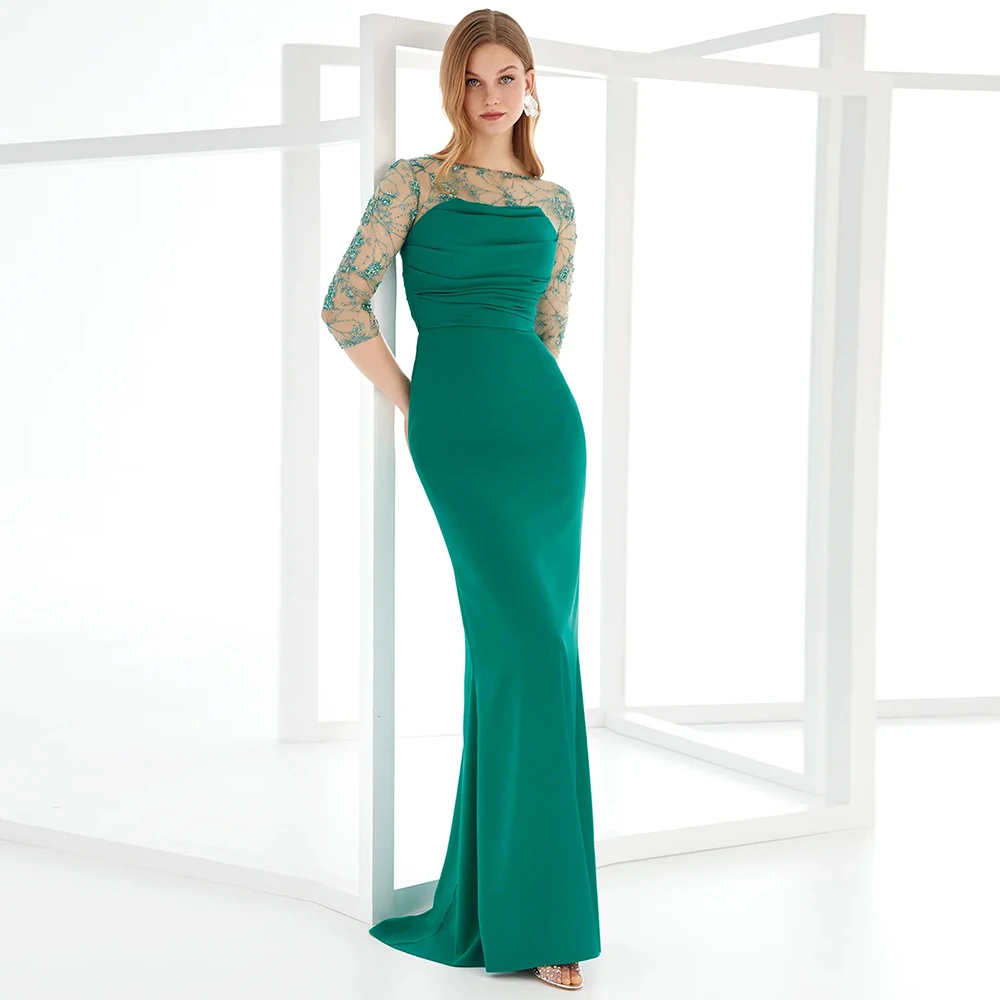 

Classic Green Mermaid Evening Dress Customized Sheer Lace Three Quarter Sleeved Pleats Jersey Elegant Saudi Party Prom Gowns