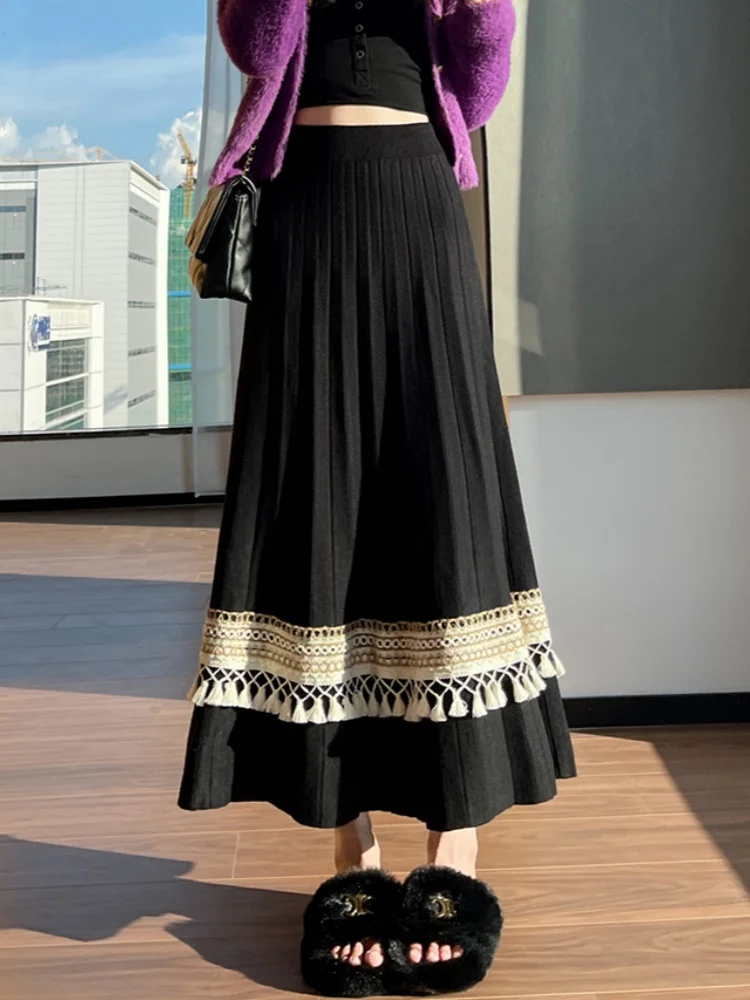 SMTHMA المرأة 2025 الخريف/الشتاء لينة عالية الخصر ألف خط كبير سوينغ تنورة مع مائة أضعاف شرابة الربط محبوك تنورة طويلة #2