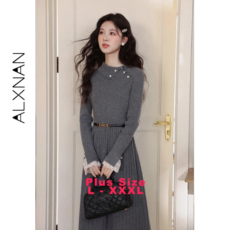 

ALXNAN Plus Size Gray Knitted Dress for Women 2025 Elegant Long Dress Lace Patchwork Pearl Flower Button Party Dresses D59501