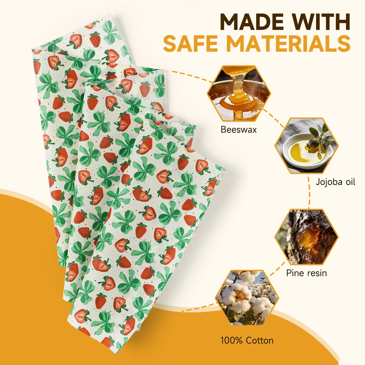 A Set of Three-Piece Organic Cotton Wax-Preserving Cloths That Can Be Reused. The Cloths Are Made of Food-Grade Beeswax and Can