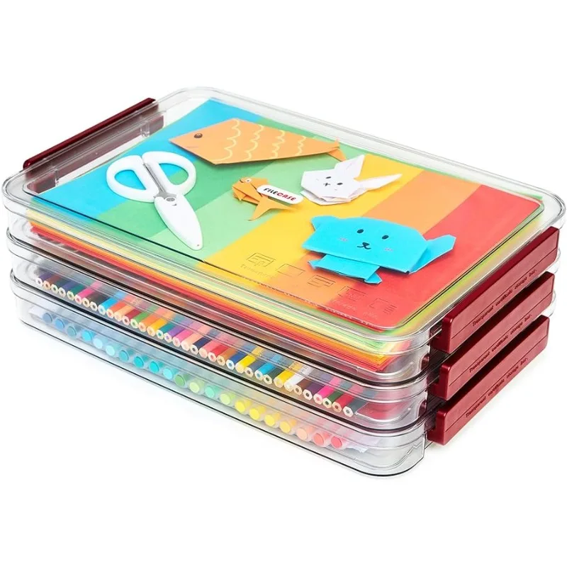 

A4 Storage File Box 9 X 13 Clear Stackable Slim Plastic Portable Project Case For Letter Paper Photo Documents Scrapbook, 3 Coun