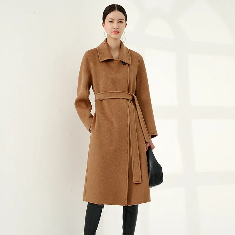 

2023 High-end Cashmere Coat Long Loose Camel Coat Women Fashion Casual Black Belt Coat Female 100% Cashmere Hand-stitched Commut