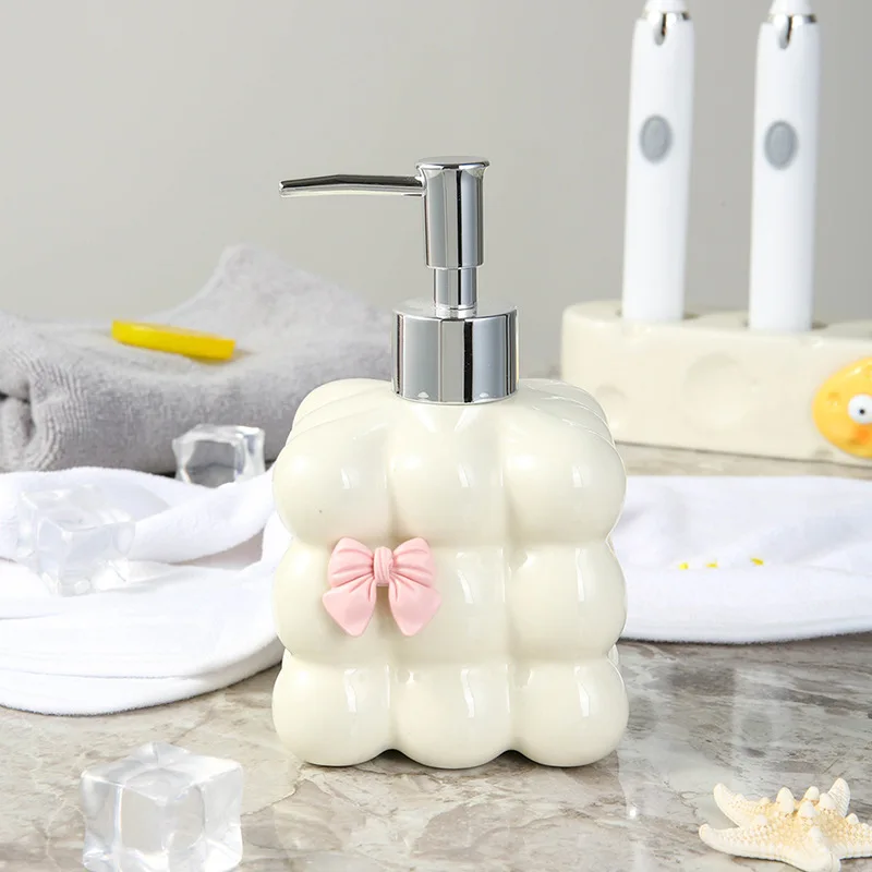 Cream Bubble Soap Dispenser Cute Fluffy Pump Bottle with Pink Bow and Silver Pump Handle Cute Bathroom Vanity Decoration