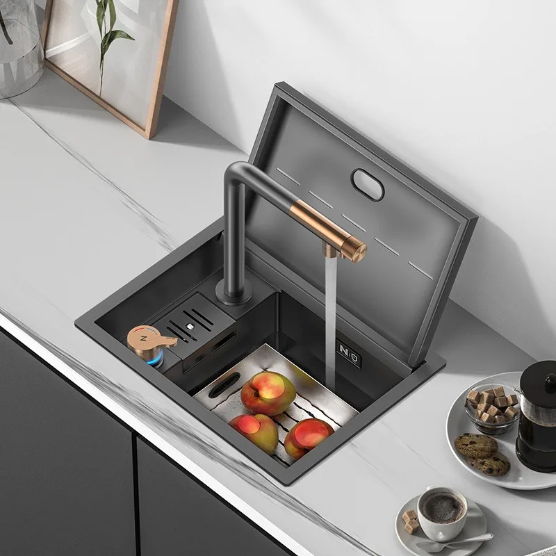304 Stainless Steel Grey Undermount Bar Sink Flip Cover Mini Narrow Cup Washing Tea Station Small Vegetable Basin