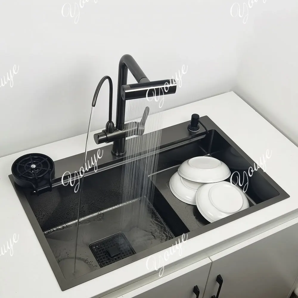 High and low sink Matte Black Nano Coating – Dual Basin Design with High Drain & Low Wash, Humanized Utility Layout Kitchen Sink