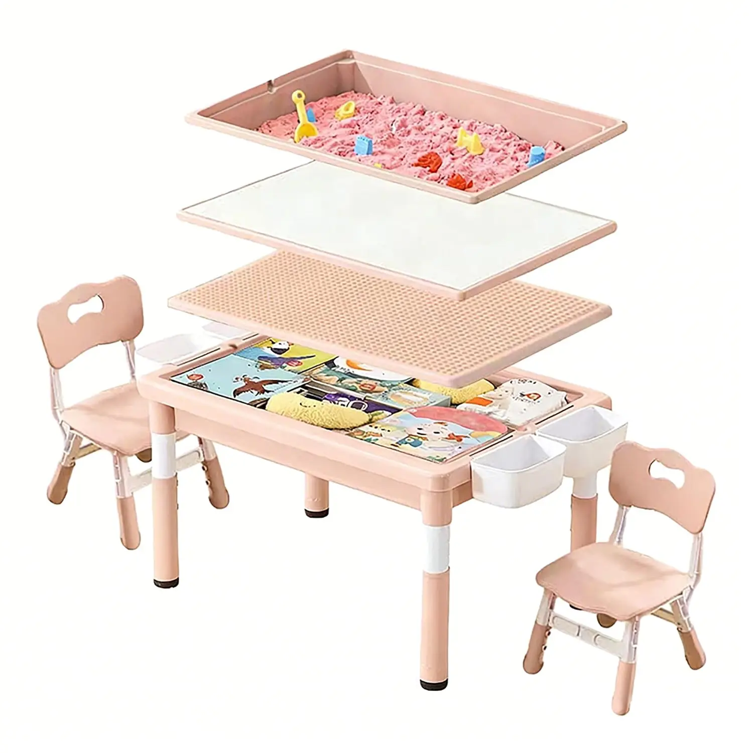 Kids Activity Table with Storage, Sand Water Sensory Play Table for Indoor Outdoor, Drawing Blocks Toy, White & Pink, Customized