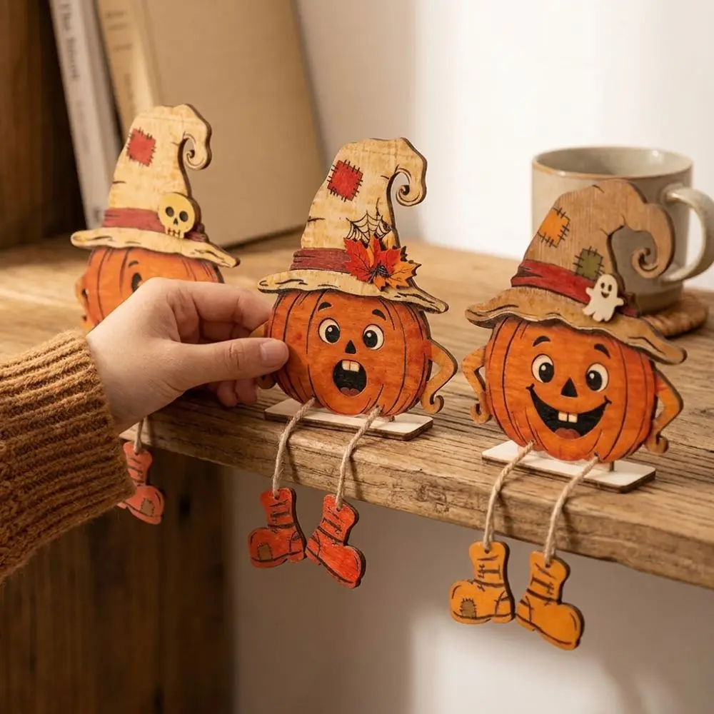 3Pcs 2D Flat Pumpkin-Shaped Wooden Ornaments Vintage Hand Painted Halloween Pumpkin Figurine with Legs Pastoral