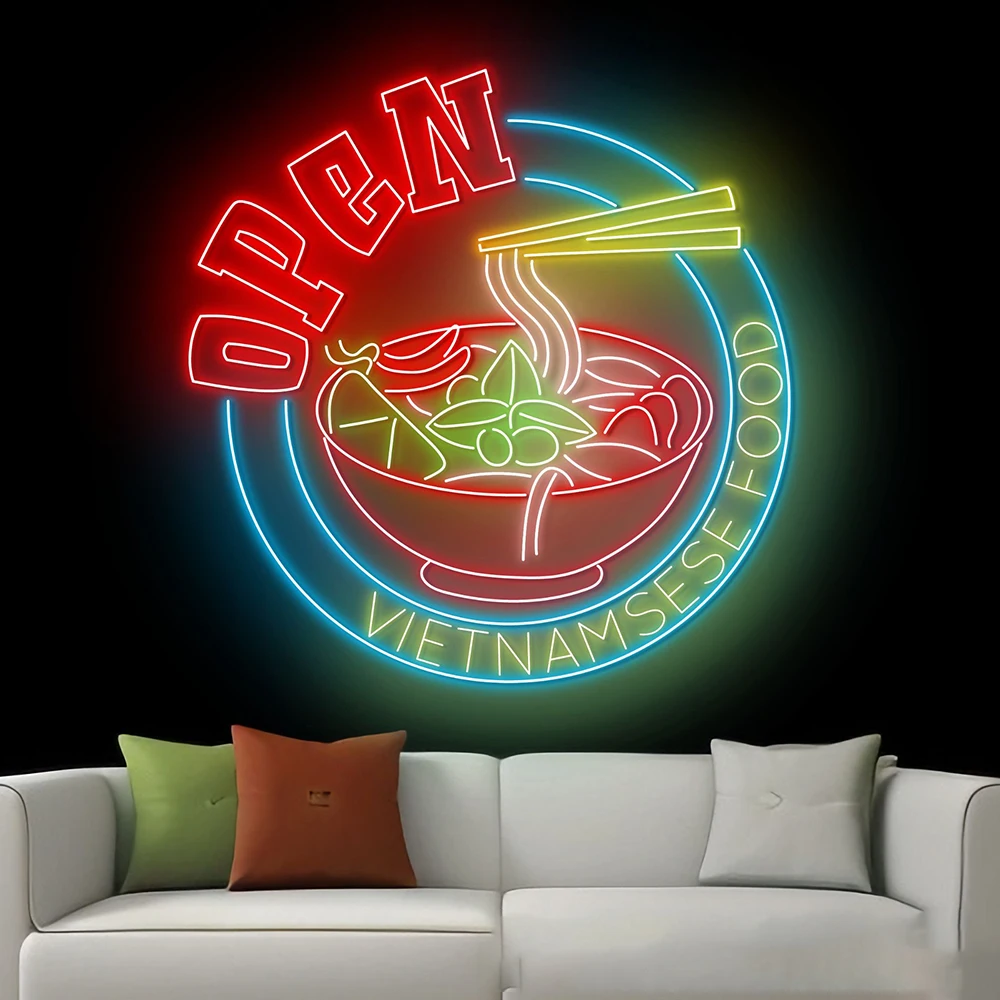 Open Pho Bowl Led Sign Vietnam Pho Food Led Light Kitchen Wall Art Custom Vietnamese Restaurant Wall Decoration Neon Light Signs