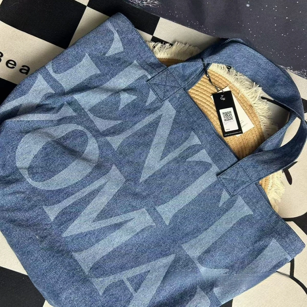 GEETLE WOMAN Thai niche classic denim tote large bag letter handbag out travel canvas bag