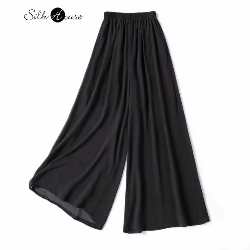 

Exquisite 100% Natural Mulberry Silk Plaid Qiao Elastic Waist Loose Women's Fashionable Black Pocket Design Wide Leg Pants