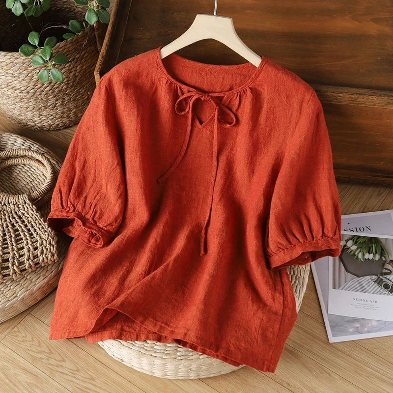 2024 New Summer Thing Vintage Ethnic Style Loose Fitting Short Sleeved Solid Round Neck Lace Up Pleated Women's T-shirt Top