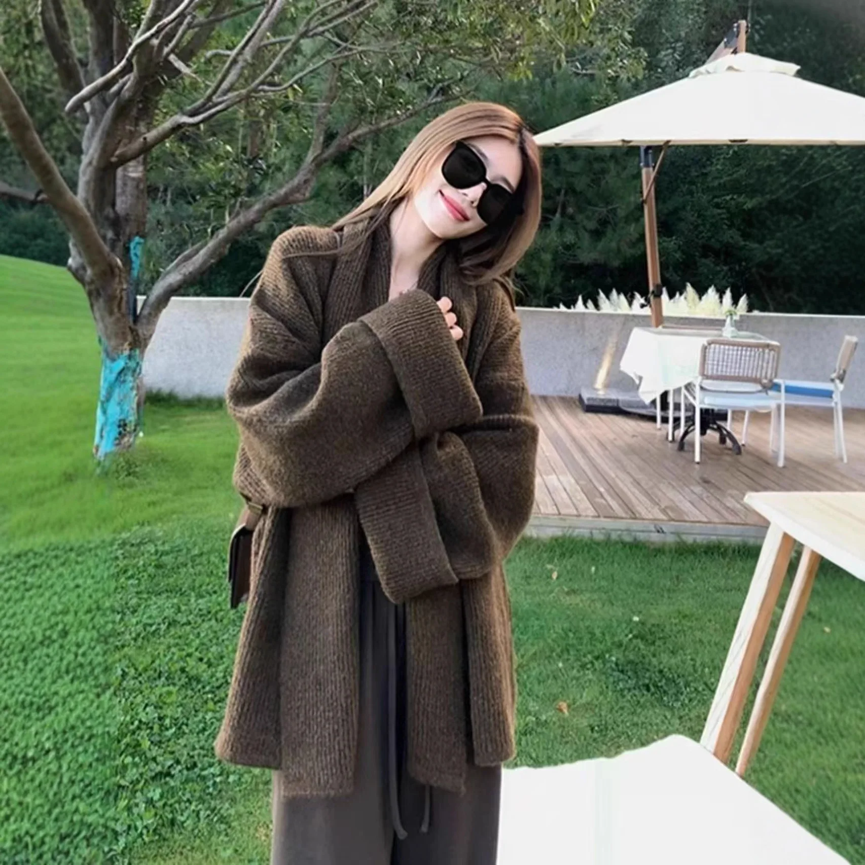 

Vintage Lace-up Knitted Cardigan Niche Solid Harajuku Loose Lazy Gray Thick Long Sweater Coat Korean Trendy Women's Clothing