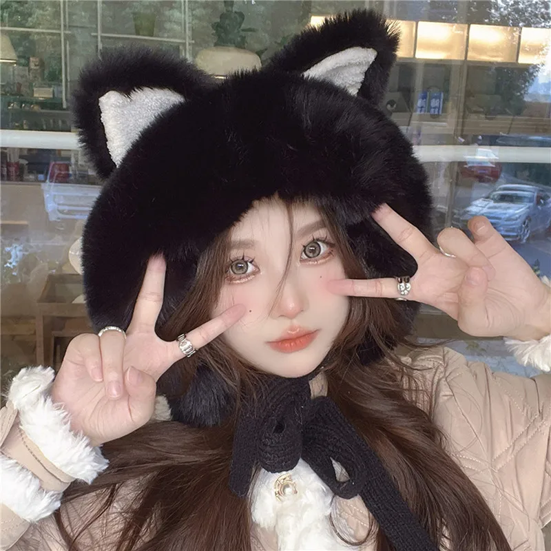 Big Ear Knitted Hat Velvet Warm Knitted Ear Protection Hat Pullover Hat Korean Cute Women's New Pink Plush Ball Hat Winter