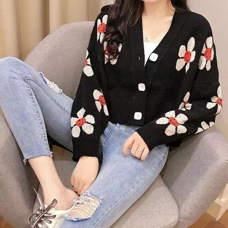 2023 Vintage Flower Knit Cardigans Sweater y2k Women Autumn Winter V Neck Loose Elegant Sweater Coat Female Casual Thick Clothes