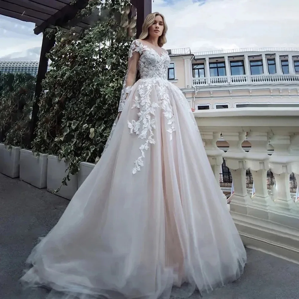 

Elegant Customized O-Neck A Line Wedding Dress Long Sleeve Lace Sexy Tulle Bridal Gown Floor Length Marriage Dresses