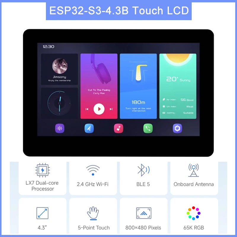 Waveshare ESP32-S3 4.3inch Touch LCD Development Board Type B, 800×480, 5-point Touch, 32-bit LX7 Dual-core Processor