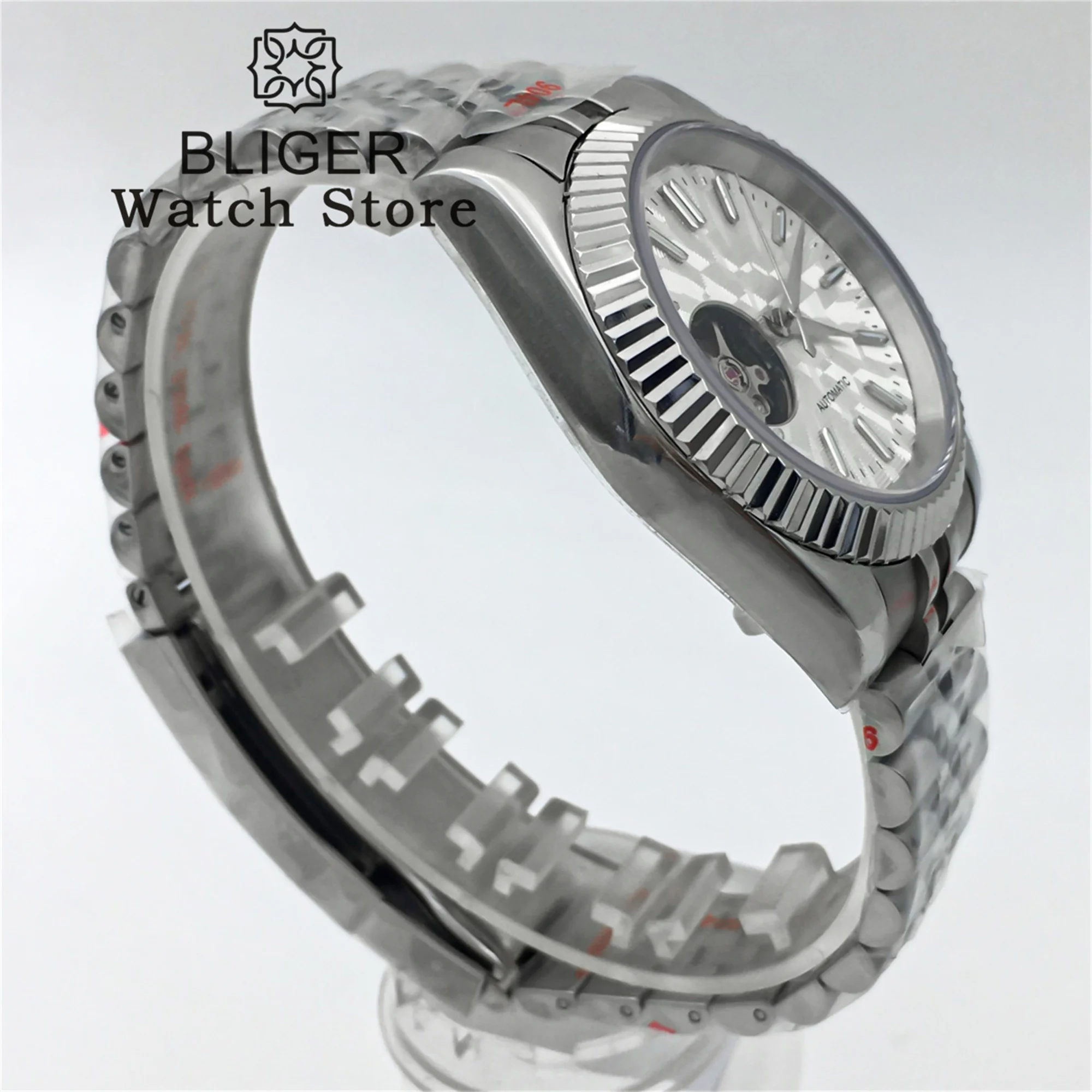 BLIGER 36mm 39mm Fluted Bezel NH38 Automatic Watch for Men Black White Green Blue Hollow Dial Luminous Index 904L Bracelet Clock