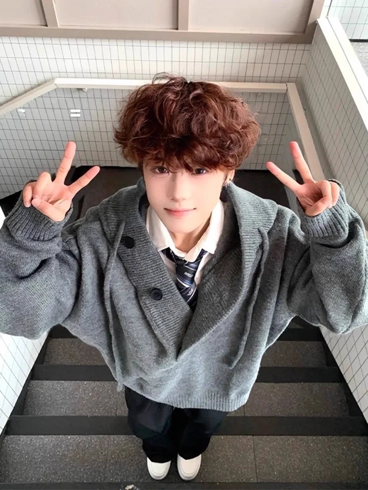 

Мужской вязаный свитер-худи на пуговицах с длинным рукавом в американском стиле для осени и зимы, повседневный, модный