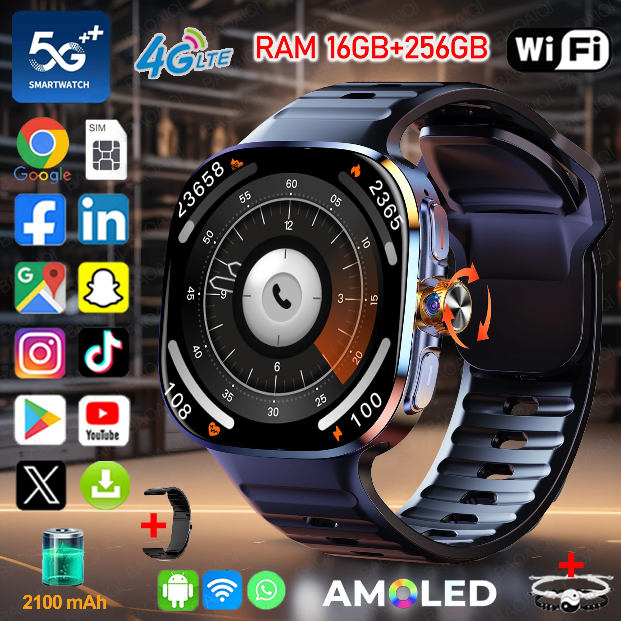 

4G/5G Smartwatch 2.4 inch 720*720 Amoled Android 10.0 900W Camera GPS WIFI SIM Card 16GB+256GB RAM 2100Mah Battery Smart Watch