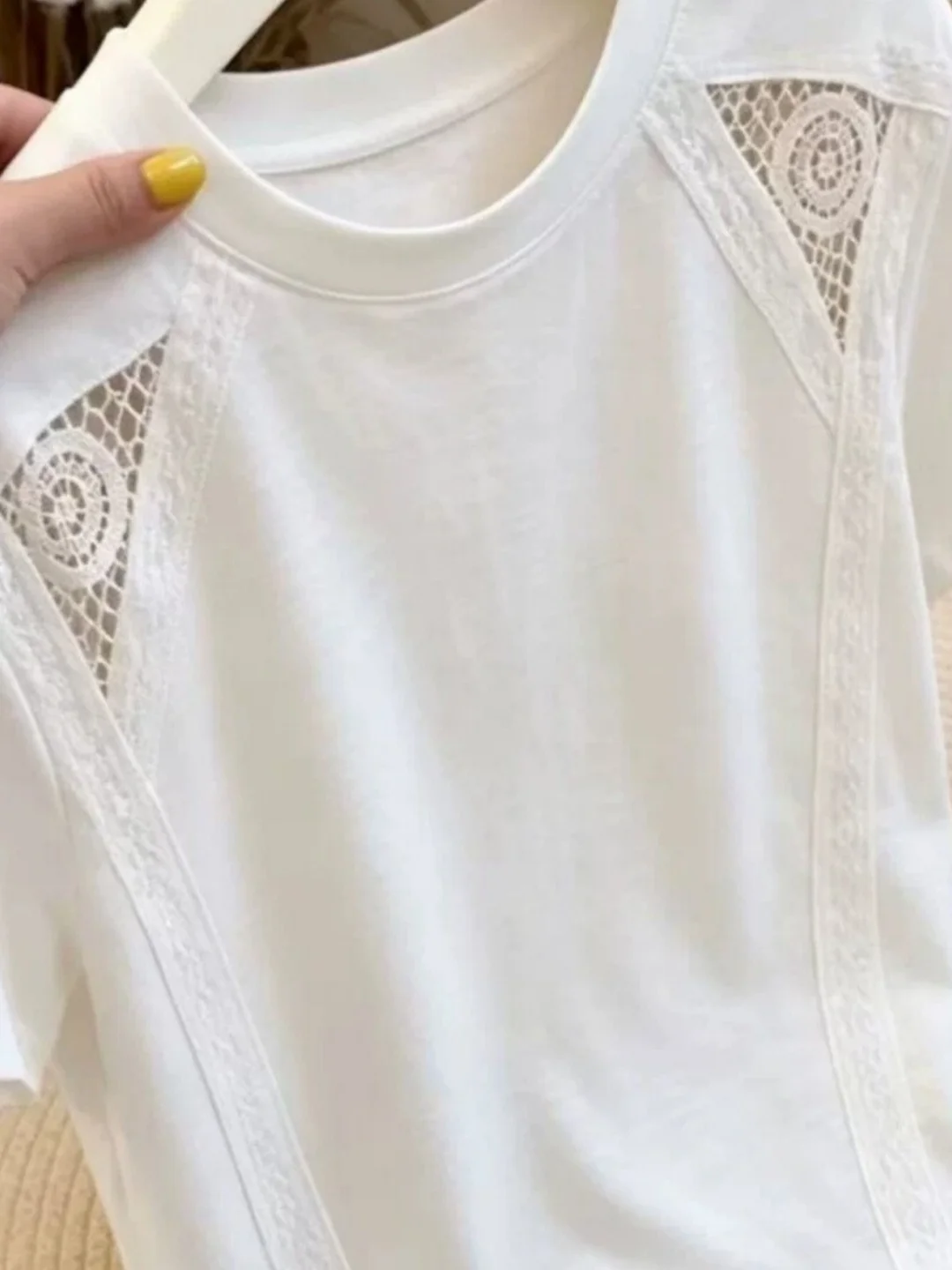 Elegant White Lace Splicing Pure Cotton Short Sleeve T-Shirt Women Summer plus Size Fashion Age Reduction Shoulder Level Top