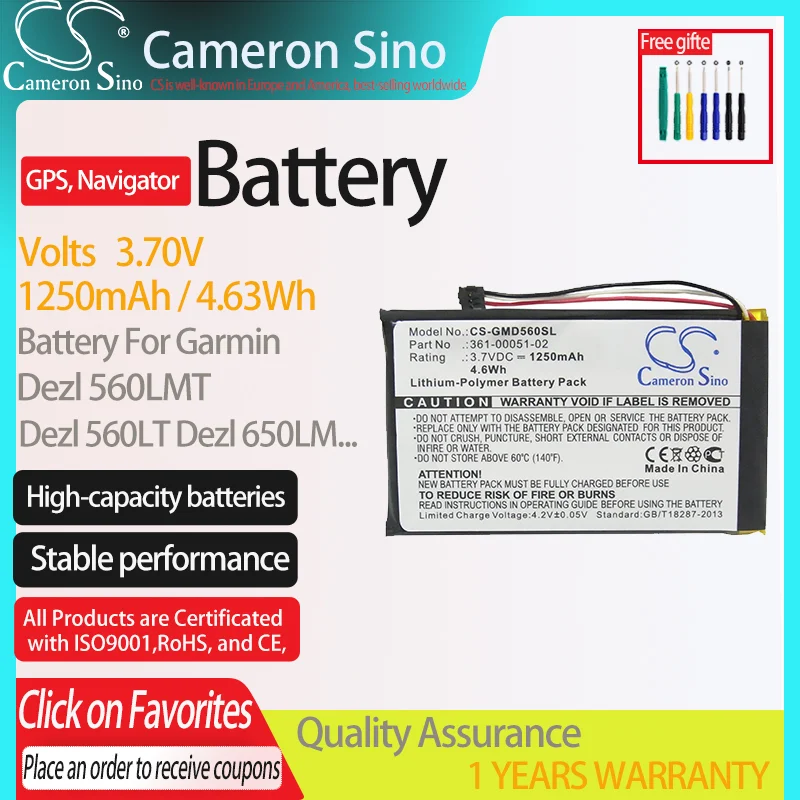 Аккумуляторная батарея CameronSino для Garmin дезель 560LMT дезель 560LT дезель 650LM SAT NAV nuvi 52LM 5 ''Подходит для 361-00051-02, Аккумулятор для GPS