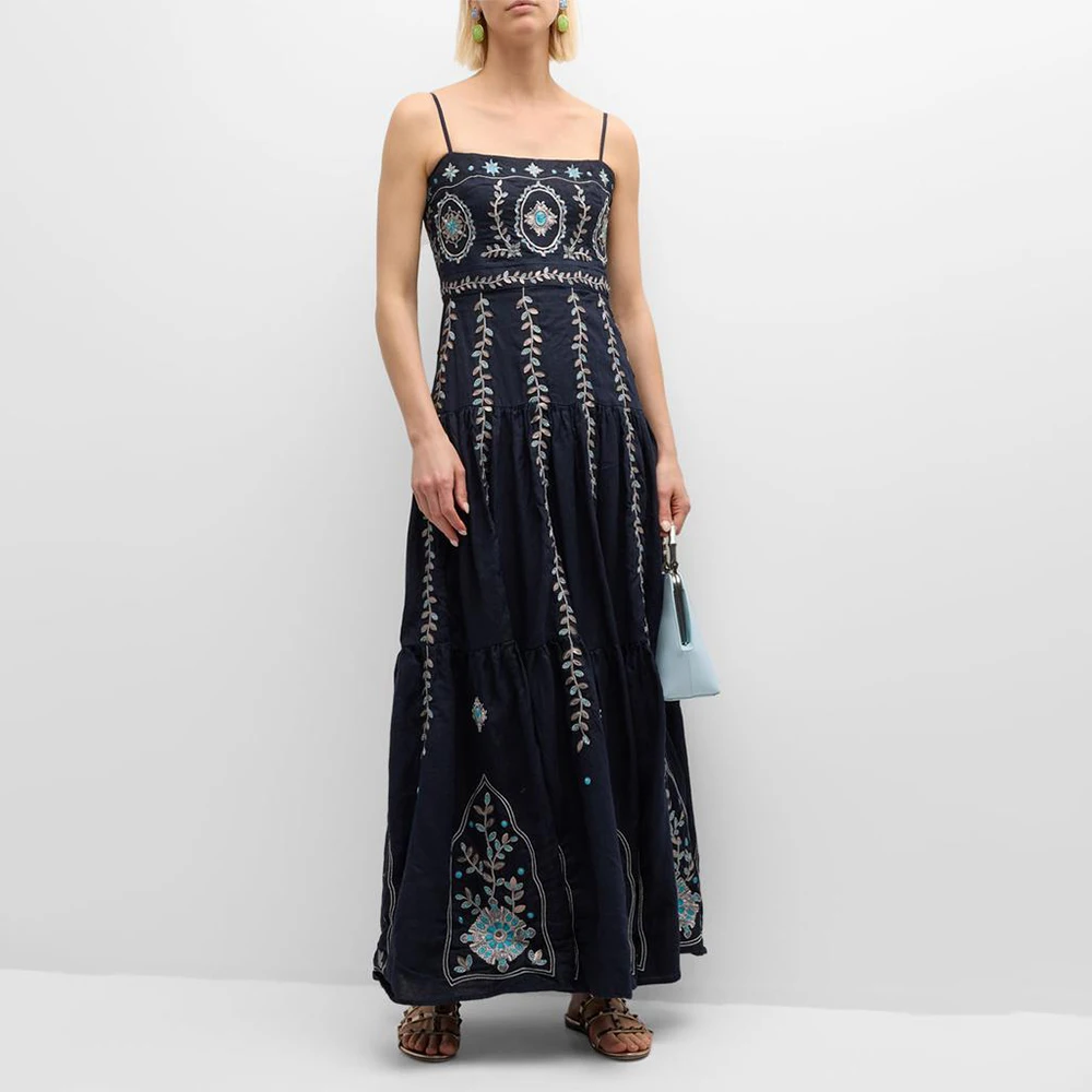 VGH Afternoon Tea Black Floral Embroidered Sundresses for Women Square Collar Sleeveless Tiered Maxi Skirt for Romantic Dates view 2