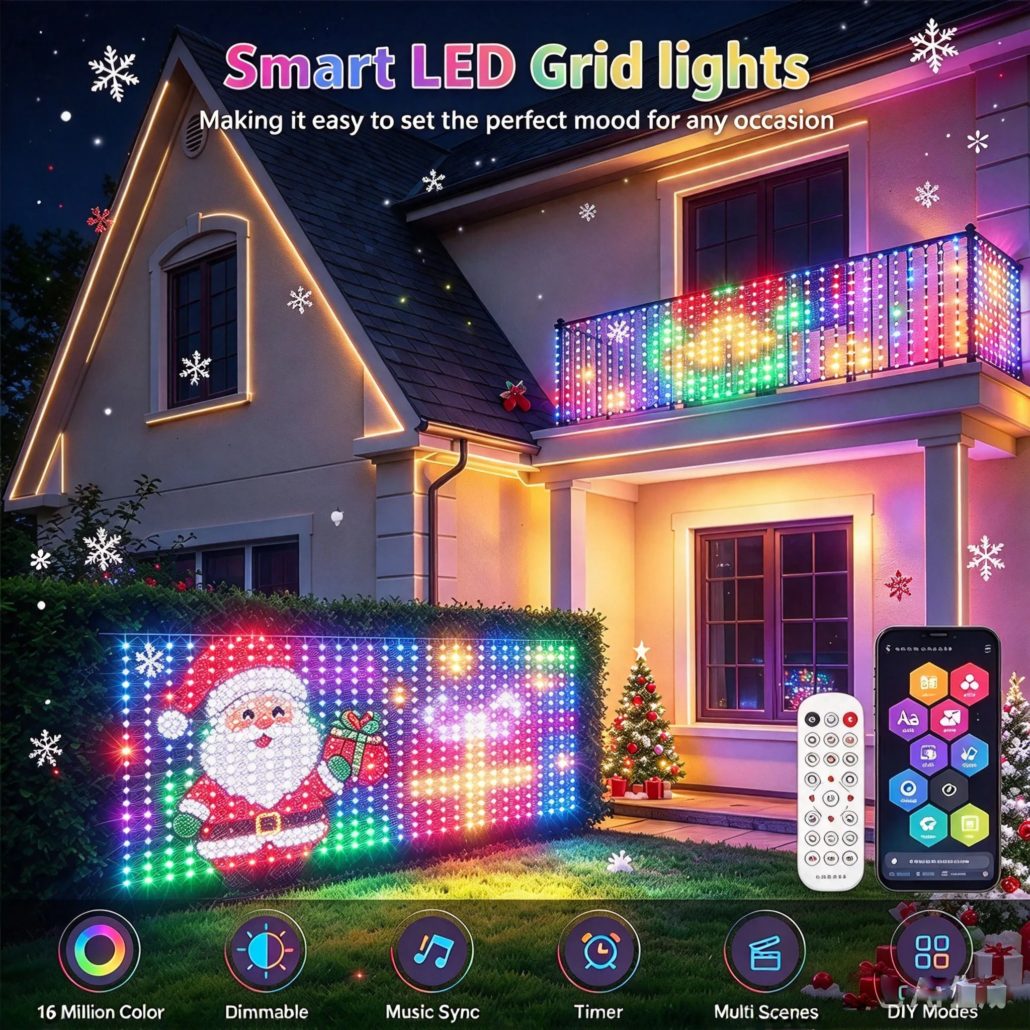 600LED WiFi Smart Curtain Lights with APP Control Music Mode IP65 Waterproof Grid Lights Outdoor Christmas Decor Light