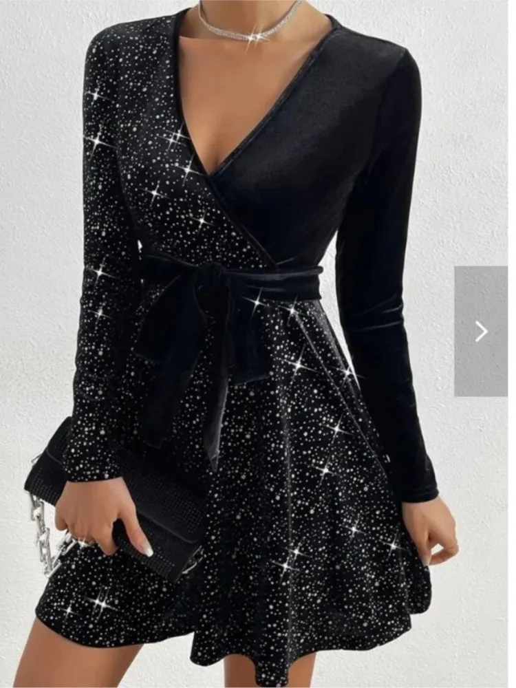 CPSYMYM – robe trapèze élégante avec ceinture pour femme, Sexy, col en v, manches longues, paillettes, mode de rue, robe de soirée, automne hiver