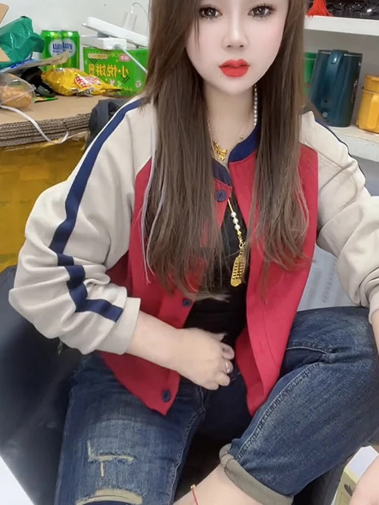 

Модная женская укороченная верхняя одежда в корейском стиле с круглым вырезом, на одной пуговице, в стиле колор-блок, универсальная, для весны и осени