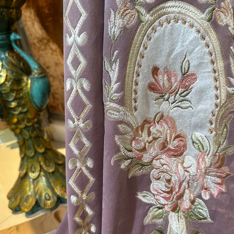 Luxury European Embroidered Curtains Velvet Splicing Valance with Floating Sheer Tulle for Living Room Bedroom Window Balcony