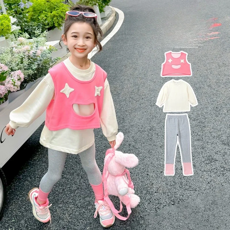 Girls' Suit Spring and Autumn New Fashion Little Girl Base Shirt + Vest + Leggings Casual Three-piece Set 2-8y  Girl Outfit Set