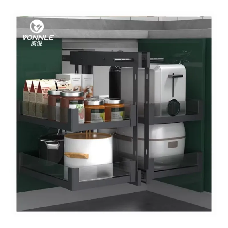 

Modern Stainless Steel Corner Pull Basket Kitchen Cabinet Seasoning Basket with Damping Hardware for Easy Installation