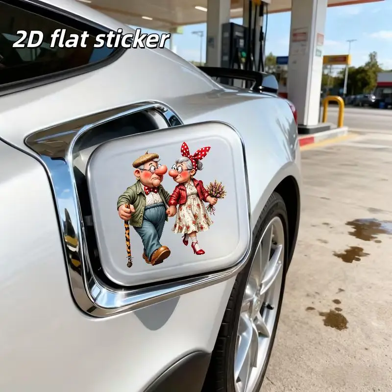 1Pc Vibrant Cartoon Old Couple Holding Hands Fuel Cap Sticker,Car Decal Decor