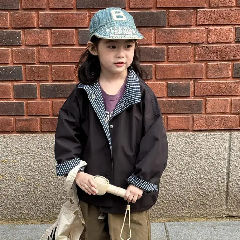 

2025 Autumn New Children Long Sleeve Loose Coat Fashion Girls Plaid Windbreaker Cotton Boys Vintage Casual Jacket Kids Clothes