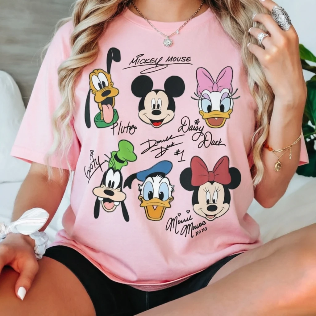 New Summer Mother Daughter Matching Loose Short Sleeve T-shirt, Classic Disney Cartoon Print Tee With Mickey & Donald Duck